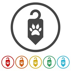 Pet hotel door tag icon isolated on white background, color set