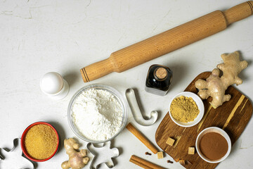 Gingerbread ingredients and accessories for making ginger dough.