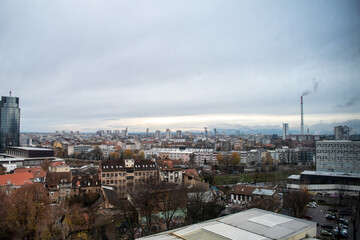 Zabreb Croatia capital city with historic buildings, cloudy skies above, in the winter months