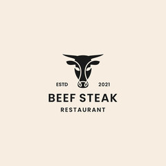 minimalist vintage beef steak logo design with cow head