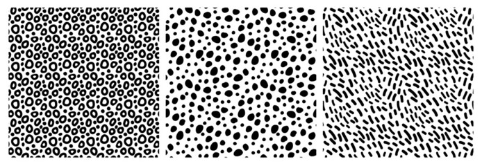 Set of monochrome abstract seamless patterns of bubbles, dots, hand drawn lines. Vector illustration on white with black circles, dots shapes