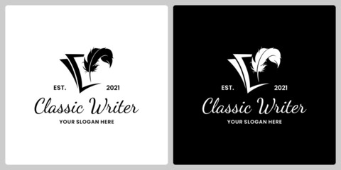 classic writer logo. feather with book logo design for author