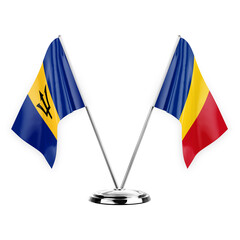 Two table flags isolated on white background 3d illustration, barbados and romania