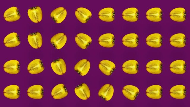 Colorful pattern of fresh orange persimmons. Seamless pattern with persimmon sliced. Pop art design. Realistic animation. 4K video motion