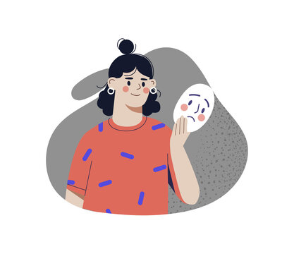 Girl with mask. Metaphor of pretense. Character wants to appear different from who he. False and false, methods of psychological protection, internal problem. Cartoon flat vector illustration