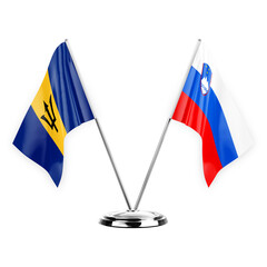 Two table flags isolated on white background 3d illustration, barbados and slovenia