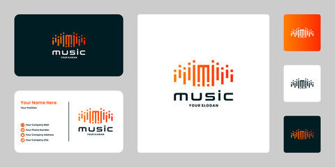 letter M with pulse music logo design with business card template