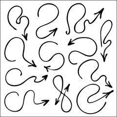 Set of funny arrows for menus, wedding, greeting cards decoration. Vector pointers in black and white. Simple arrow design.