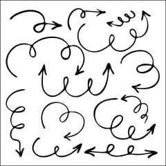 Set of funny arrows for menus, wedding, greeting cards decoration. Vector pointers in black and white. Simple arrow design.