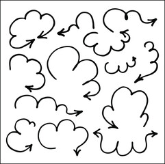 Set of funny cloud shaped arrows for menus, wedding, greeting cards decoration. Vector pointers in black and white. Simple arrow design.