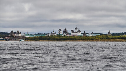 Fototapeta premium Russia. Solovetsky Islands. Panorama of the Solovetsky Monastery in the Bay of Prosperity