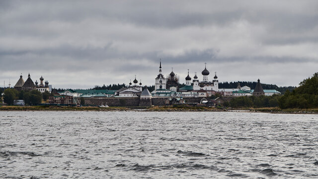 Russia. Solovetsky Islands. Panorama of the Solovetsky Monastery in the Bay of Prosperity