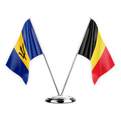 Two table flags isolated on white background 3d illustration, barbados and belgium