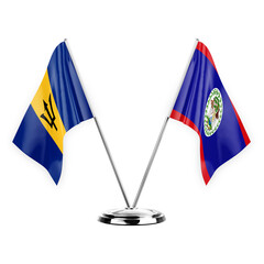 Two table flags isolated on white background 3d illustration, barbados and belize