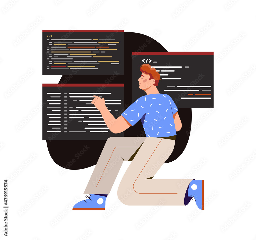 Poster man programmer writes code. development of website page, application or game, freelancer or remote e