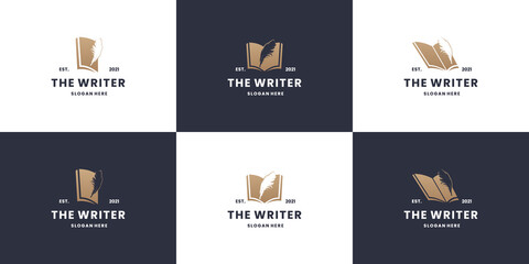 Fototapeta na wymiar classic the writer logo collection. feather and book combine