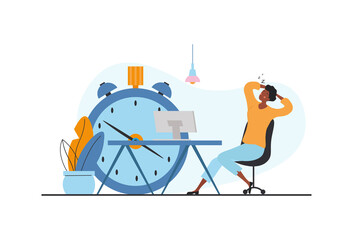 Delaying working tasks. Girl sits on background of clock, metaphor of procrastination. Lazy employee in no hurry to get job done. Rest, relaxation, scenes from office. Cartoon flat vector illustration - obrazy, fototapety, plakaty
