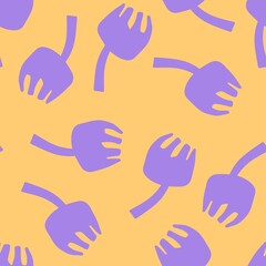 Seamless pattern. Lilac flowers on a yellow background. Minimalistic, simple flowers on a branch. Scandinavian style. Endless pattern for fabric, textile, clothing, packaging.