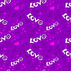 Seamless pattern. Pink hearts, glasses, balloons, bows, lettering on a violet background. Endless pattern for Valentine's day, birthday, wedding, party, holiday.
