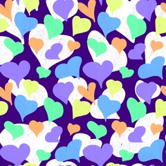 Seamless pattern of hearts. Colorful hearts on a lilac background.