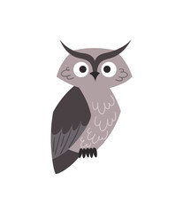 Little grey owl. Baby bird, boy or girl, beautiful coloring animal, feathers, wildlife. Characters for childrens, stickers and badges. Cartoon flat vector illustrations isolated on white background