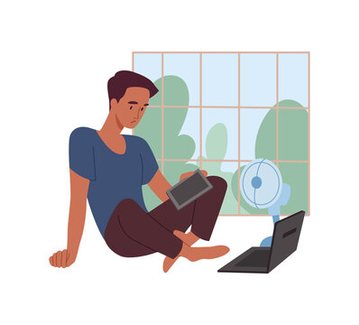 Person works at home. Character sits in heat in front of fan. Remote worker is tired of the summer heat. Freelancer problems and modern technologies, employee. Cartoon flat vector illustration