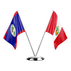 Two table flags isolated on white background 3d illustration, belize and peru