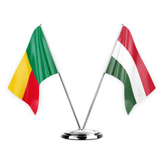 Two table flags isolated on white background 3d illustration, benin and hungary