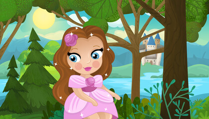 cartoon scene with nature forest princess and castle