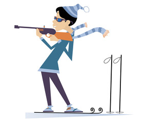 Biathlon competitor young woman isolated. Shooting in the stand position biathlon competitor woman cartoon illustration