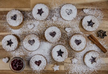 Christmas linzer cookies on the table