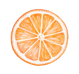 Watercolor illustration of round orange slice. Sign of wealth, joy, sun, healthy lifestyles. One single object. Handdrawn water color sketchy drawing, cut out clip art element for design decoration.