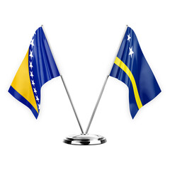 Two table flags isolated on white background 3d illustration, bosnia and curacao