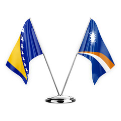 Two table flags isolated on white background 3d illustration, bosnia and marshall islands