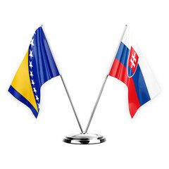Two table flags isolated on white background 3d illustration, bosnia and slovakia