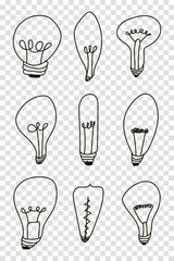 Light bulbs doodle border. Creative light bulbs doodle collection. Vector illustration
