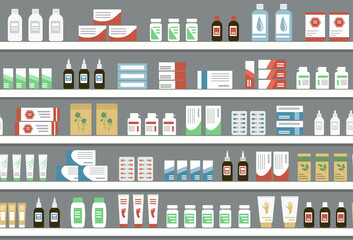 Shelves with medicines. Seamless background. Objects for a pharmacy interior. Vector illustration - obrazy, fototapety, plakaty