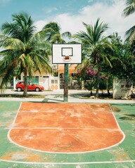 Terrain de basket avec palmiers à Isla Mujeres, Mexique