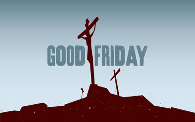 Good Friday image with image of crucifixion of Jesus Christ on Calvary, with two thieves. Silhouette image is dark red with gray-blue sky background. 