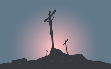 Silhouetted image of the Crucifixion of Jesus Christ and the two thieves on Golgotha or Calvary, with blue and pink background.