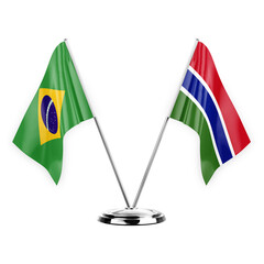 Two table flags isolated on white background 3d illustration, brazil and gambia