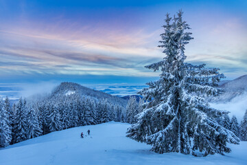 Cold winter morning on Kranjska Reber mountain in Kamnik-Savinja Alps, Slovenia
