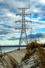 Power lines on the shore of lake Ontario,  in Hamilton beach,  Canada