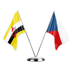 Two table flags isolated on white background 3d illustration, brunei and czechia