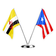 Two table flags isolated on white background 3d illustration, brunei and puerto rico