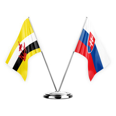 Two table flags isolated on white background 3d illustration, brunei and slovakia