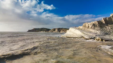 Photo sur Plexiglas Scala dei Turchi, Sicile Aerial drone viewpoint on Stair of the Turks. Scala dei Turchi is a rocky cliff on the southern coast of Sicily, Italy
