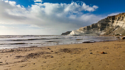 Aerial drone viewpoint on Stair of the Turks. Scala dei Turchi is a rocky cliff on the southern coast of Sicily, Italy