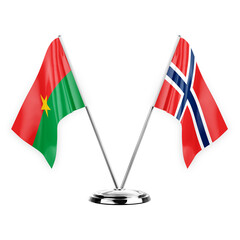 Two table flags isolated on white background 3d illustration, burkina faso and norway