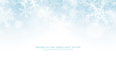 Modern Falling Snowflakes Elegant Vector Light Blue Abstract Background. Soft White Snow Stylish Christmas Border. Winter Season Decoration Snowfall And Blizzard Effect Wide Empty Classy Art Wallpaper